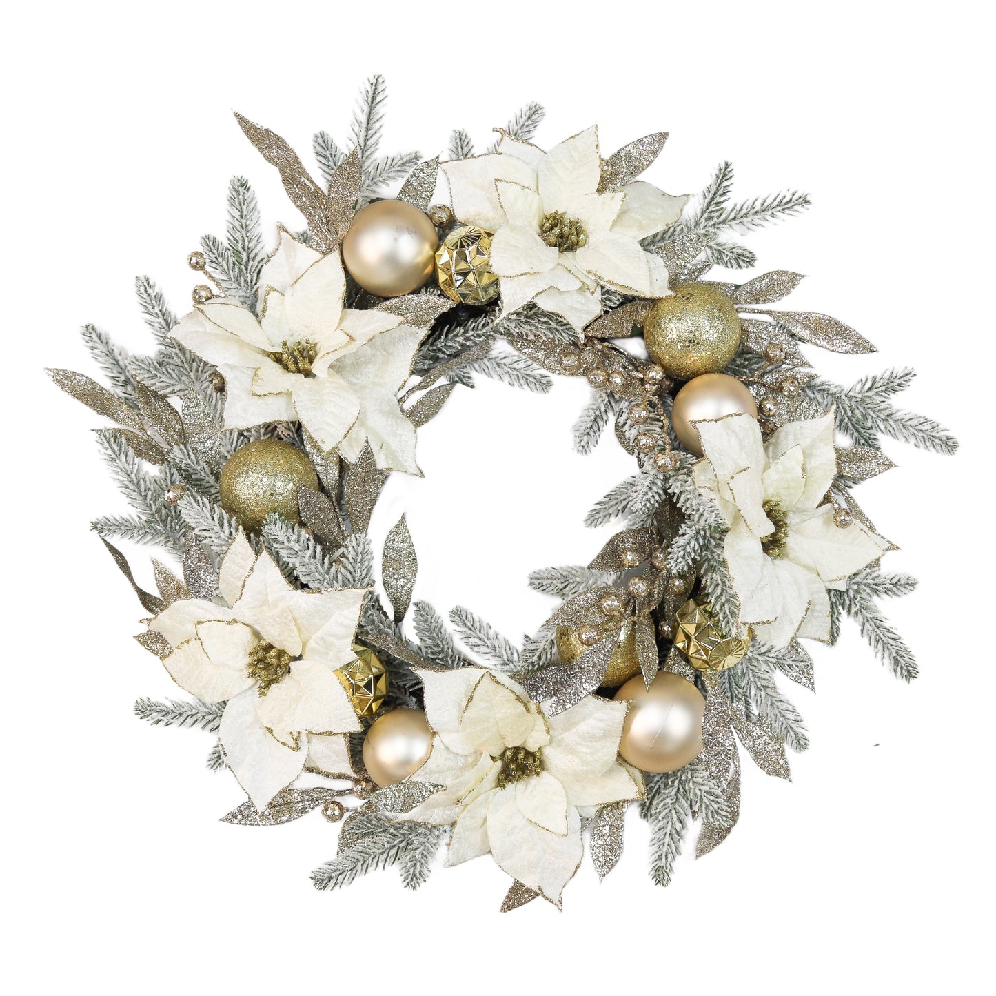 Christmas Wreath – White Poinsettias with Champagne Gold & Silver Accents