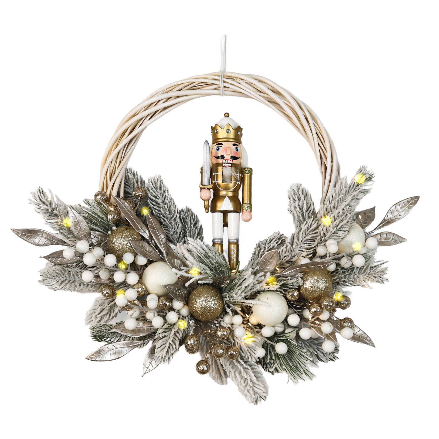 Christmas Wreath – Nutcracker Soldier with Frosted Leaves & Ornaments