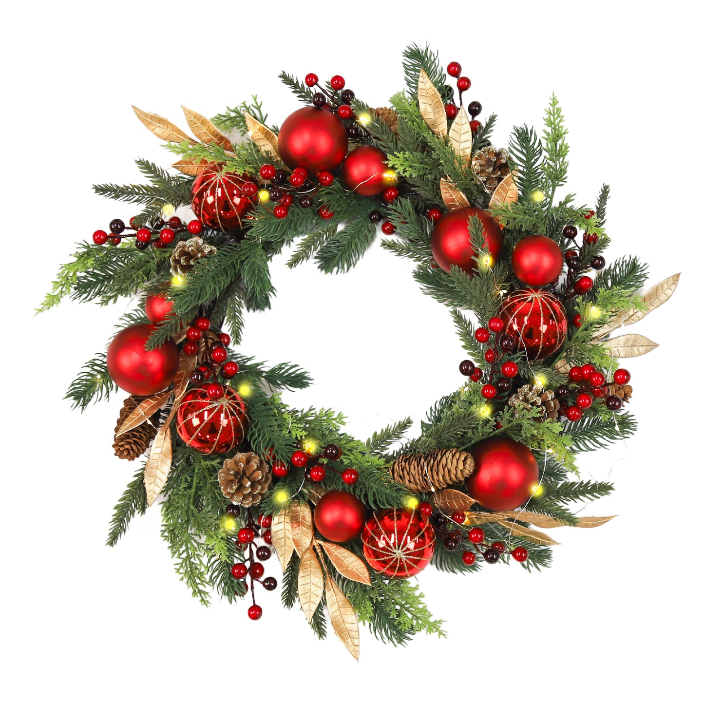 Christmas Wreath – Red Ornaments, Berries & Gold Accents