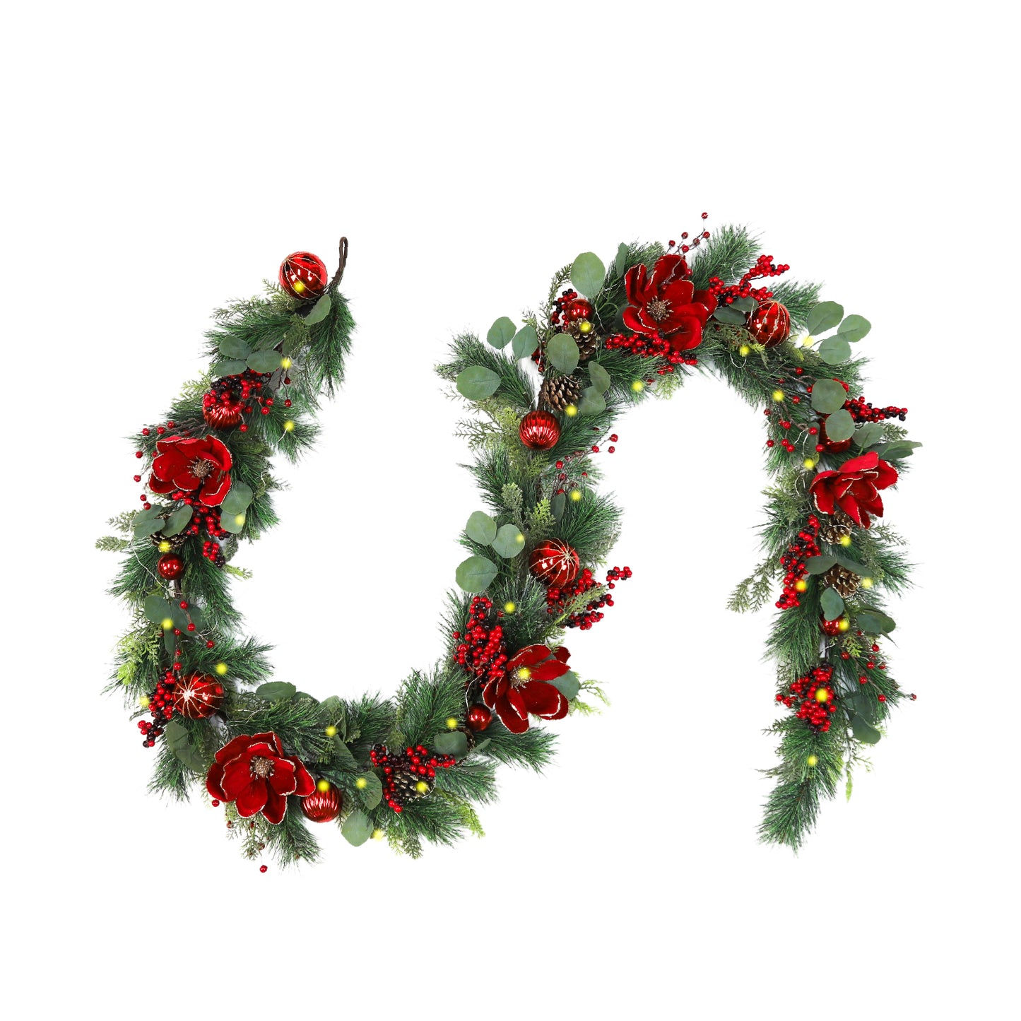 Christmas Garland with Red Flowers, Ornaments