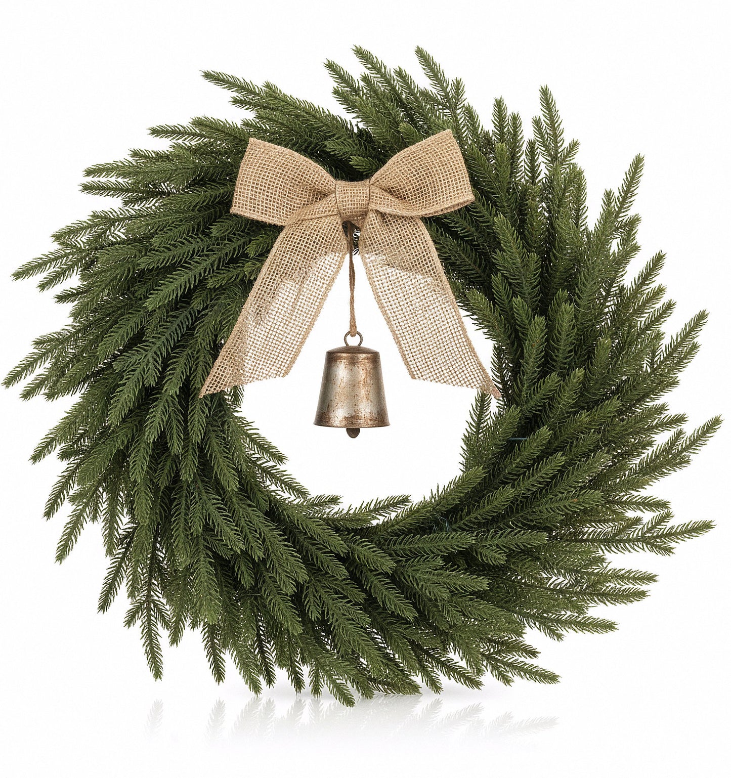 Christmas Wreath – Greenery with Burlap Bow & Bell